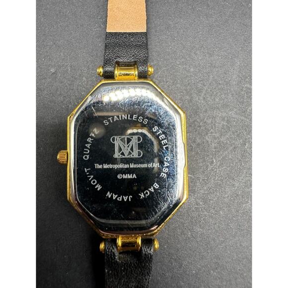 MMA Metropolitan Museum of Art Gold Tone Watch Octagon Black Leather Band